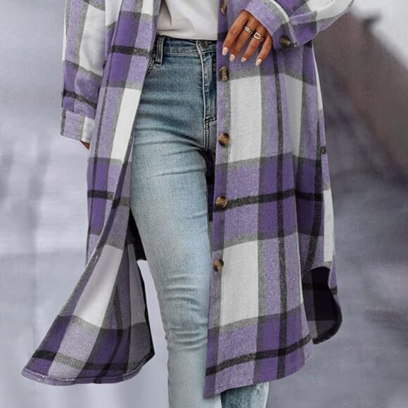 Comfy, relaxed loose fit brushed checked mid long flannel shirt coat - Picture 2 of 4